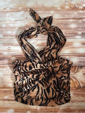 Bingo Brown Tiger Black Stripe Print Cropped Halter Top OS